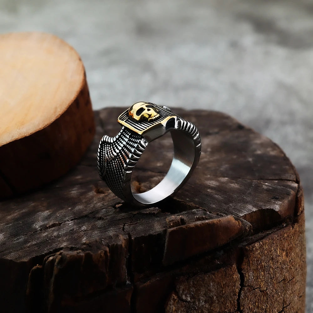 Vintage Gothic Skull Head Rings for Men Stainless Steel Wing Ring Punk Rock Motorcycle Biker Jewelry Gift Fashion