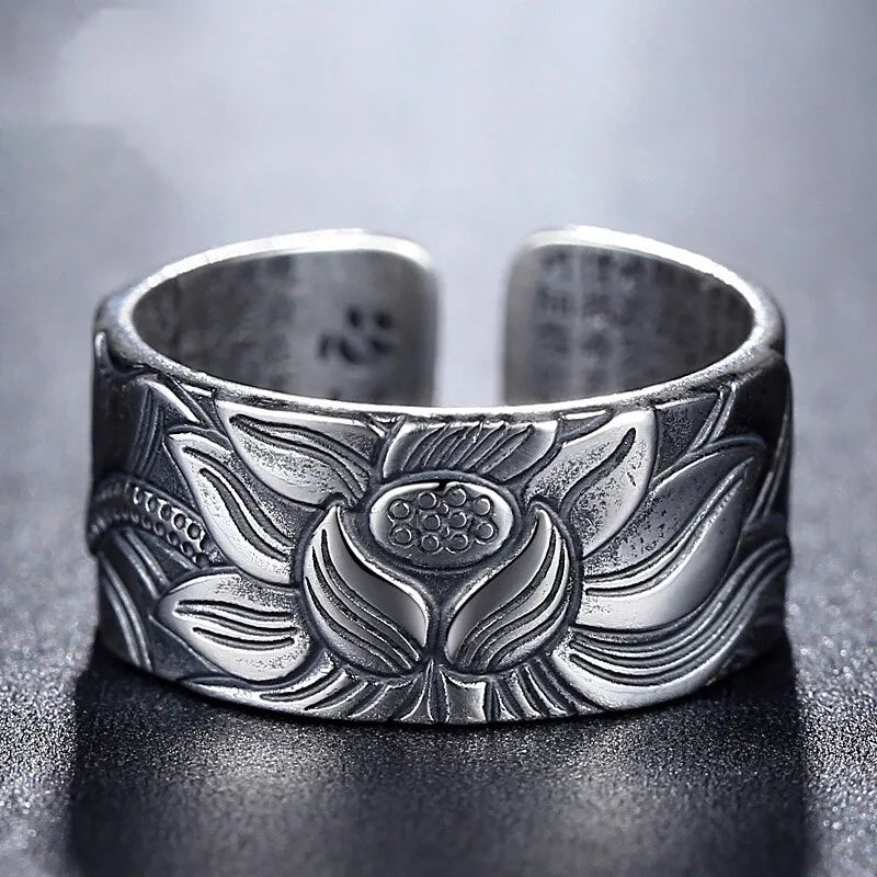 Vintage Tibetan Silver Lotus Rings for Mens Personality Hiphop Jewelry Adjustable