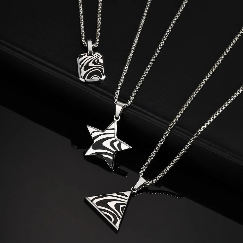 Stylish Black Drip Oil Geometric Necklace for Men,Stainless Steel Triangle Pentagram Square Pendant,New Jewelry Gift