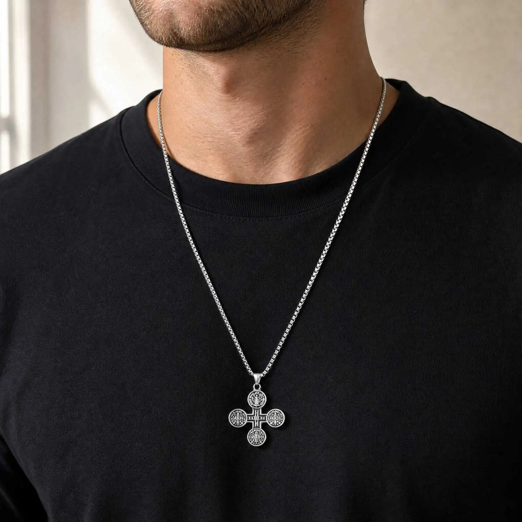 Saint Benedict Cross Medal Necklace — Silver, Stainless Steel