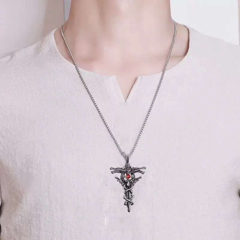 Punk Fashion Titanium Steel Necklace for Men Alloy Double Dragon Sword Pendant Choker Ring Vintage Evil Eye Cross