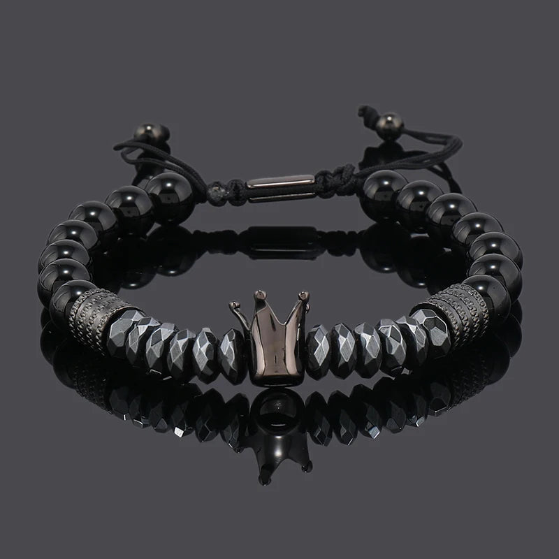 Luxury Black Natural Stone Beads Skull Crown Leopard Head Charms Man Bracelet For Women Hand Jewelry Gift