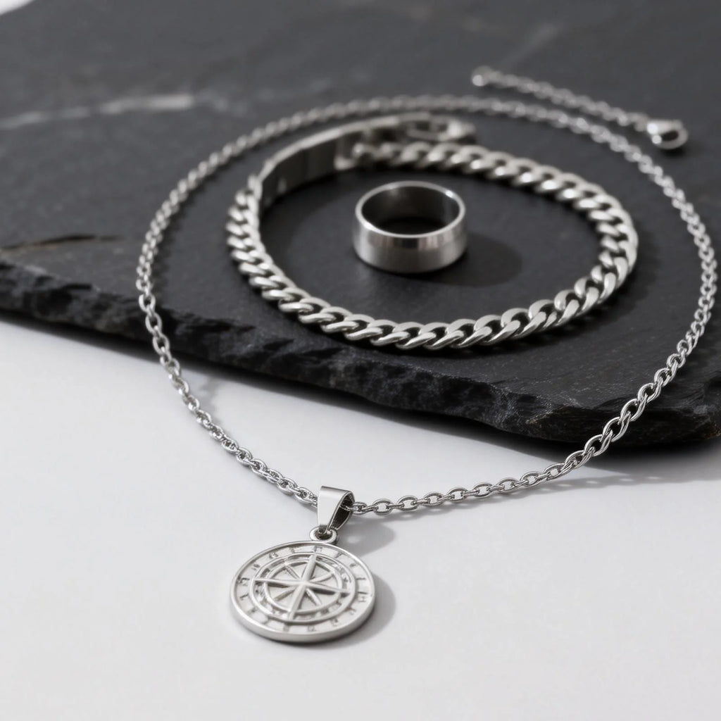 3pcs Classic Compass Necklace Set Gift for Men,Silver Gold Color Stainless Steel Bracelet Ring,Simple Jewelry Set