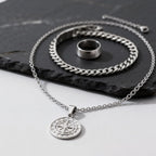 3pcs Classic Compass Necklace Set Gift for Men,Silver Gold Color Stainless Steel Bracelet Ring,Simple Jewelry Set