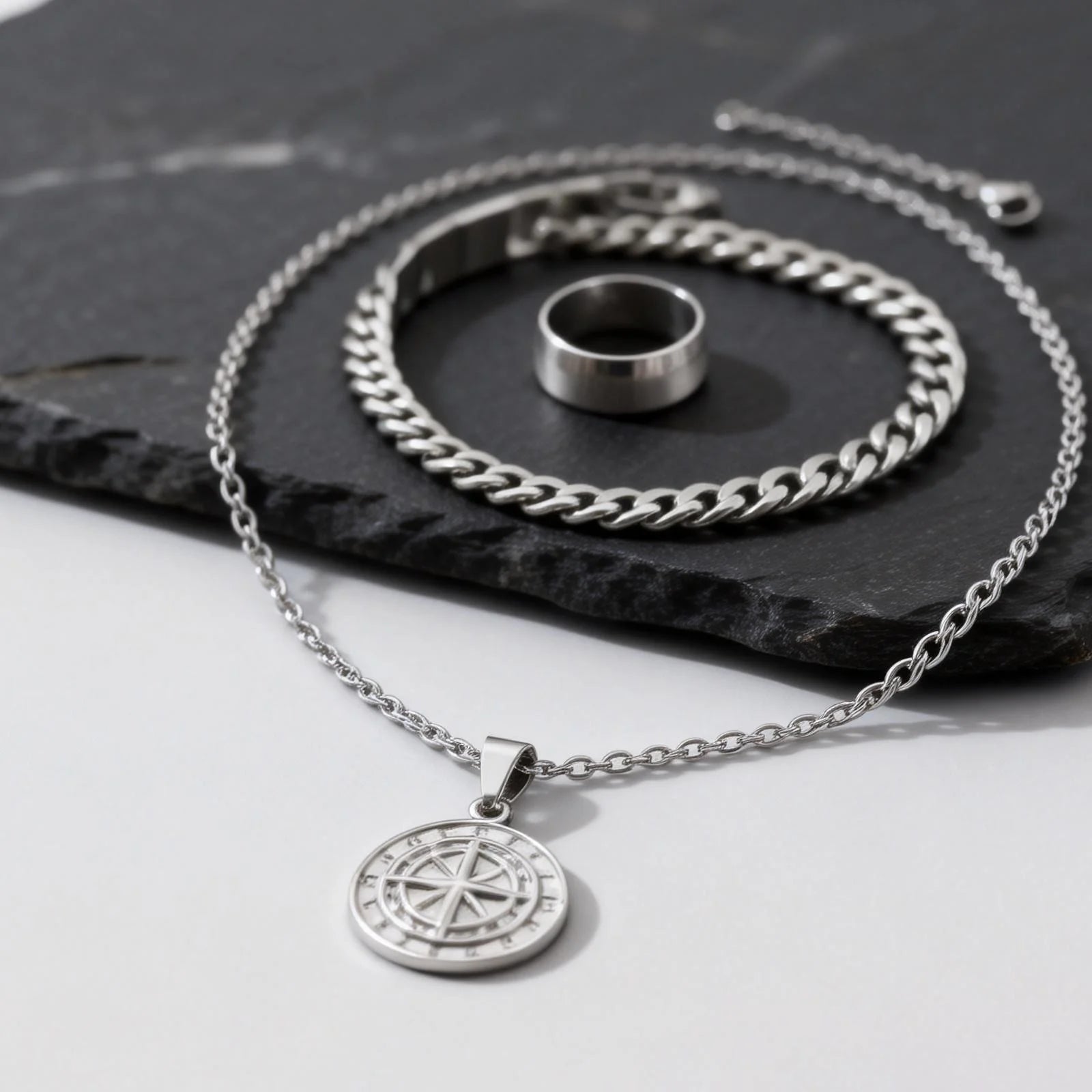3pcs Classic Compass Necklace Set Gift for Men,Silver Gold Color Stainless Steel Bracelet Ring,Simple Jewelry Set