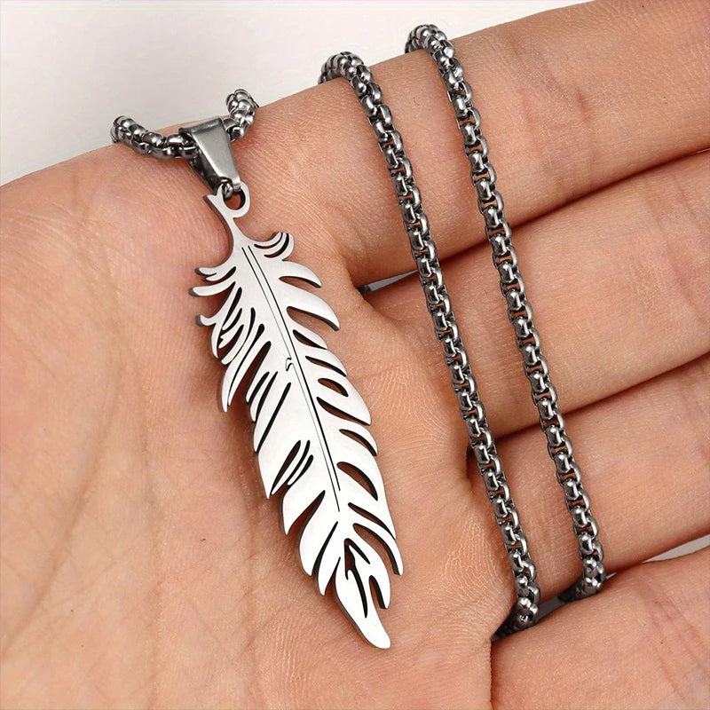Men's Stainless Steel Feather Pendant Necklace Trendy Fashion Hip Hop Punk Jewelry Accessories Gift For Best Friend