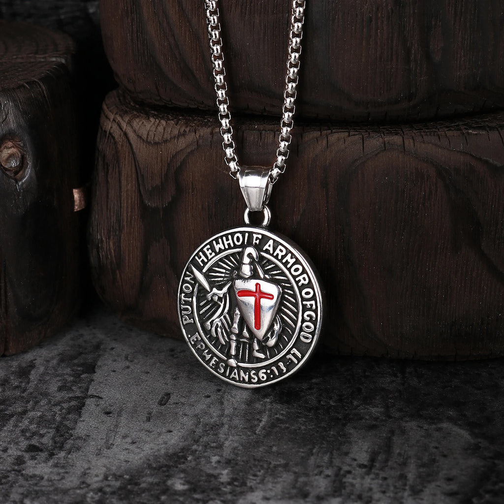 1PC INGX Stainless Steel Men's Retro Knight Cross Shield Pendant Necklace for Men Medieval Viking Necklace Man Jewelry