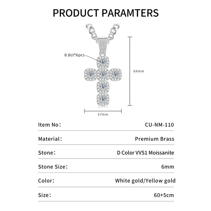 Lnngy 6.0mm Moissanite Necklaces European and American Hip-hop Cross-Shaped Pendant Necklace for Men Jewelry