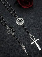 Gothic Pentagram Ankh Beaded Necklaces Black beaded chain with crow skull pendant. Ideal for goth girls, witchy aesthetic & alternative fashion. Edgy occult layering jewelry, stand out with dark vibe Gothic Mystery Jewelry Ac