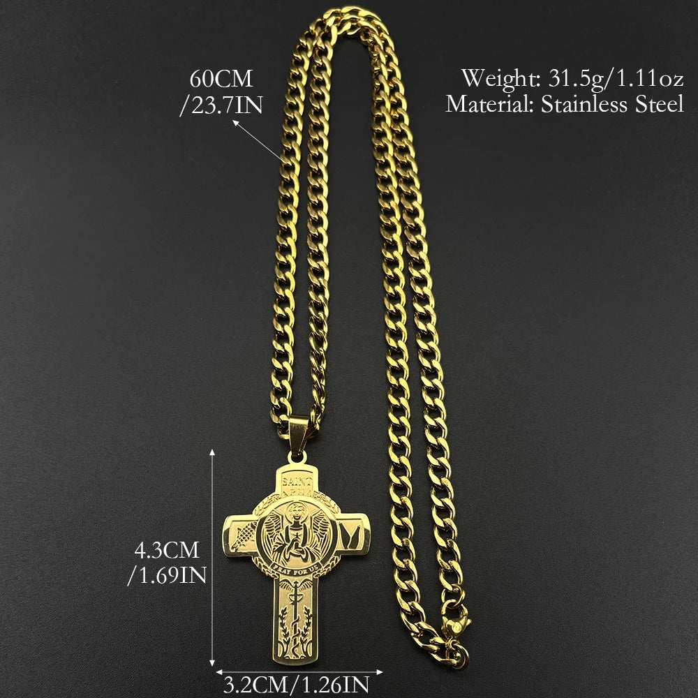 Stainless Steel Christian Saint Raphael Pray for Us Cross Pendant Necklaces Women Men Gold Color Chain Necklace Jewelry