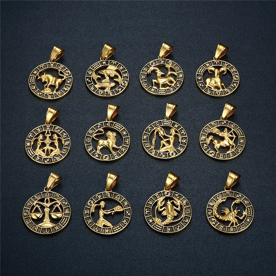Zodiac Sign Leo Scorpio Pendant Necklace for Women/Men Gold Color Stainless Steel Round 12 Constellation Necklaces