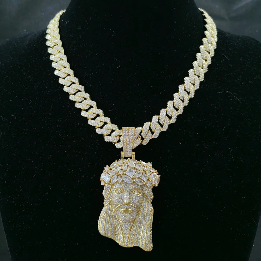 Hip Hop 5A+ CZ Stone Paved Bling Iced Out Big JESUS PIECES Pendants Necklaces for Men Rapper Jewelry with 14MM cuban