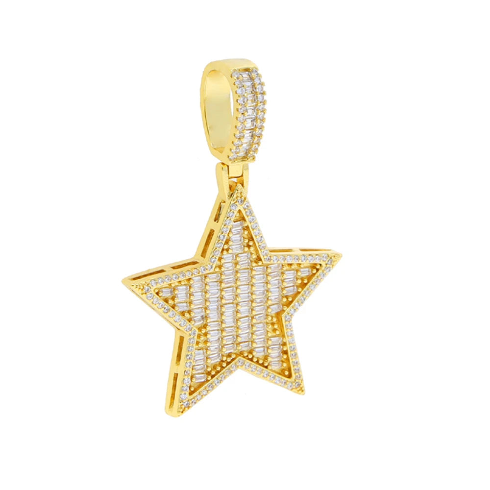 Iced Out Star Pendant Necklace Micro Paved Silver Color Cubic Zircon Prong Setting Charm For Men Women Hip Hop Jewelry