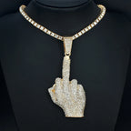 Hip Hop Big Polite Gesture Middle Finger Pendant Necklace with 11mm Crystal Cuban Chain HipHop Iced Out Necklaces Men