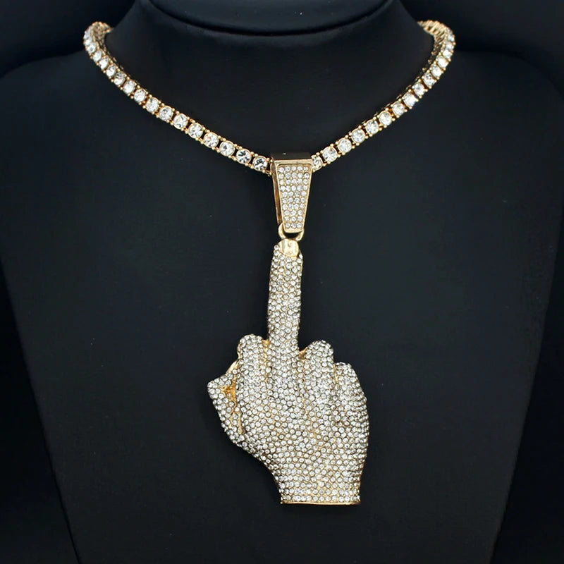 Hip Hop Big Polite Gesture Middle Finger Pendant Necklace with 11mm Crystal Cuban Chain HipHop Iced Out Necklaces Men