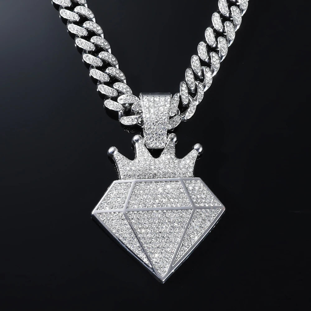 Hip Hop Iced Out Crown Pendant Necklace With 13mm Rhinestone Cuban Chain Bling Necklaces Men Women Fashion Charm