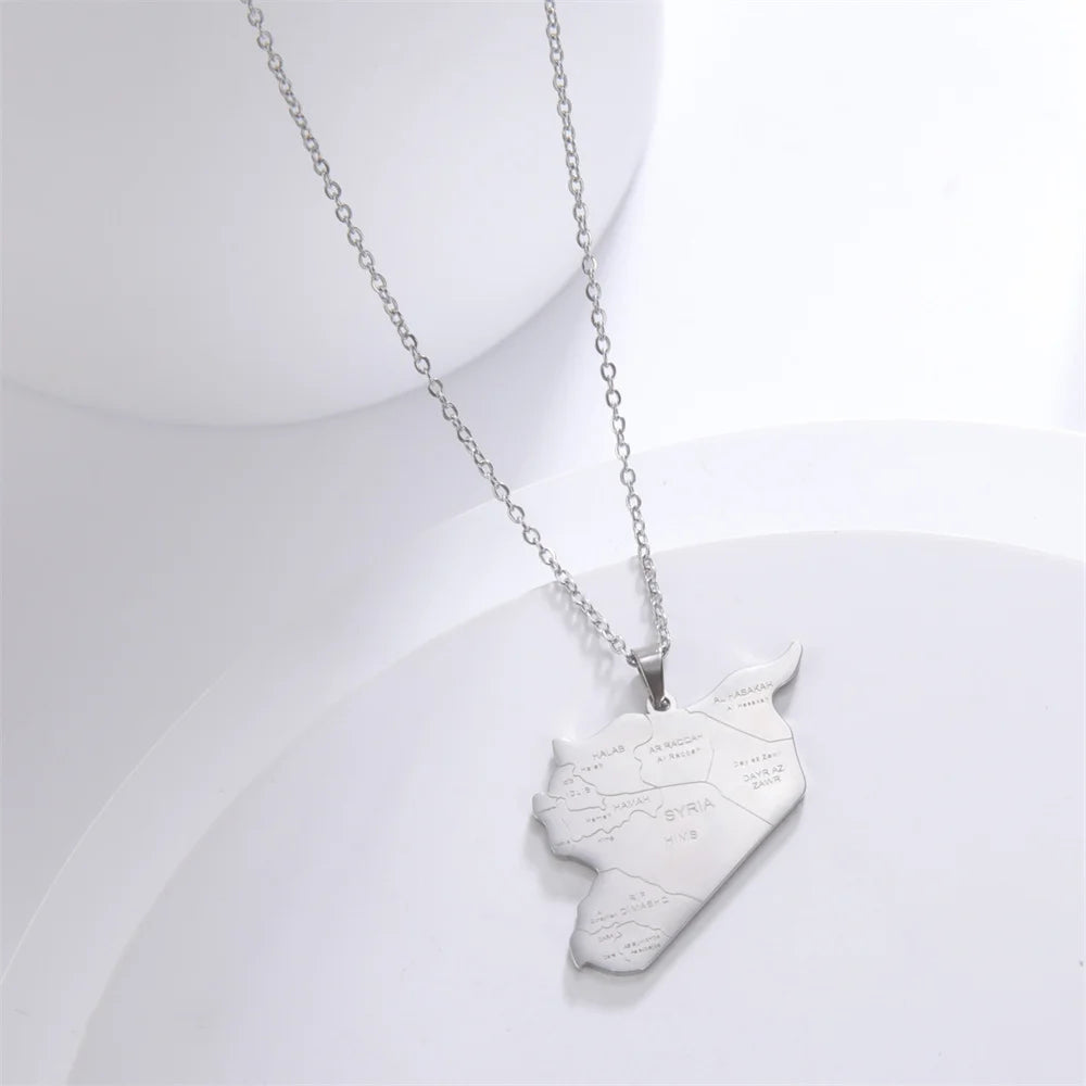 Cazador Stainless Steel Syria Map Pendant Necklace Country City Geography Chain Necklaces for Women Men Jewelry Gift Wholesale