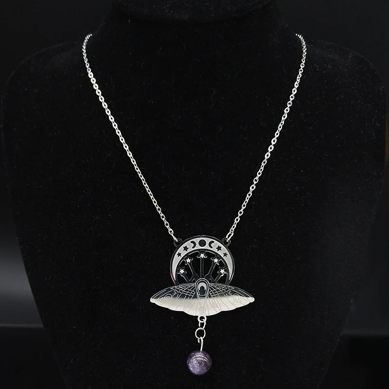 Bat Witchcraft Triple Moon Goddess Necklace Stainless Steel Women Silver Color Moth Necklace Jewerly Collar Mujer N3059S02