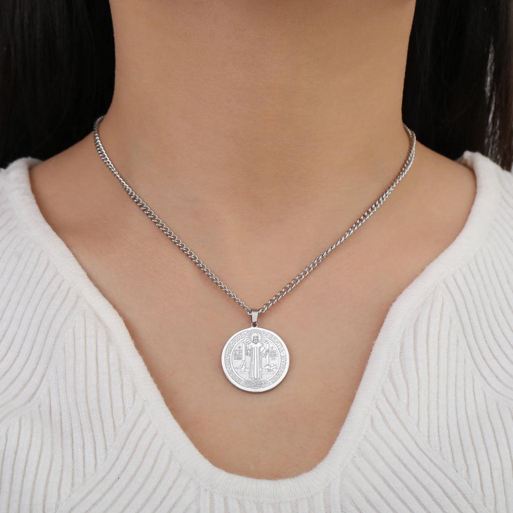My Shape Saint Benedict Medal Pendant Necklace for Women Men Gold Plated Stainless Steel Round Double Sides Choker Jewelry Gifts