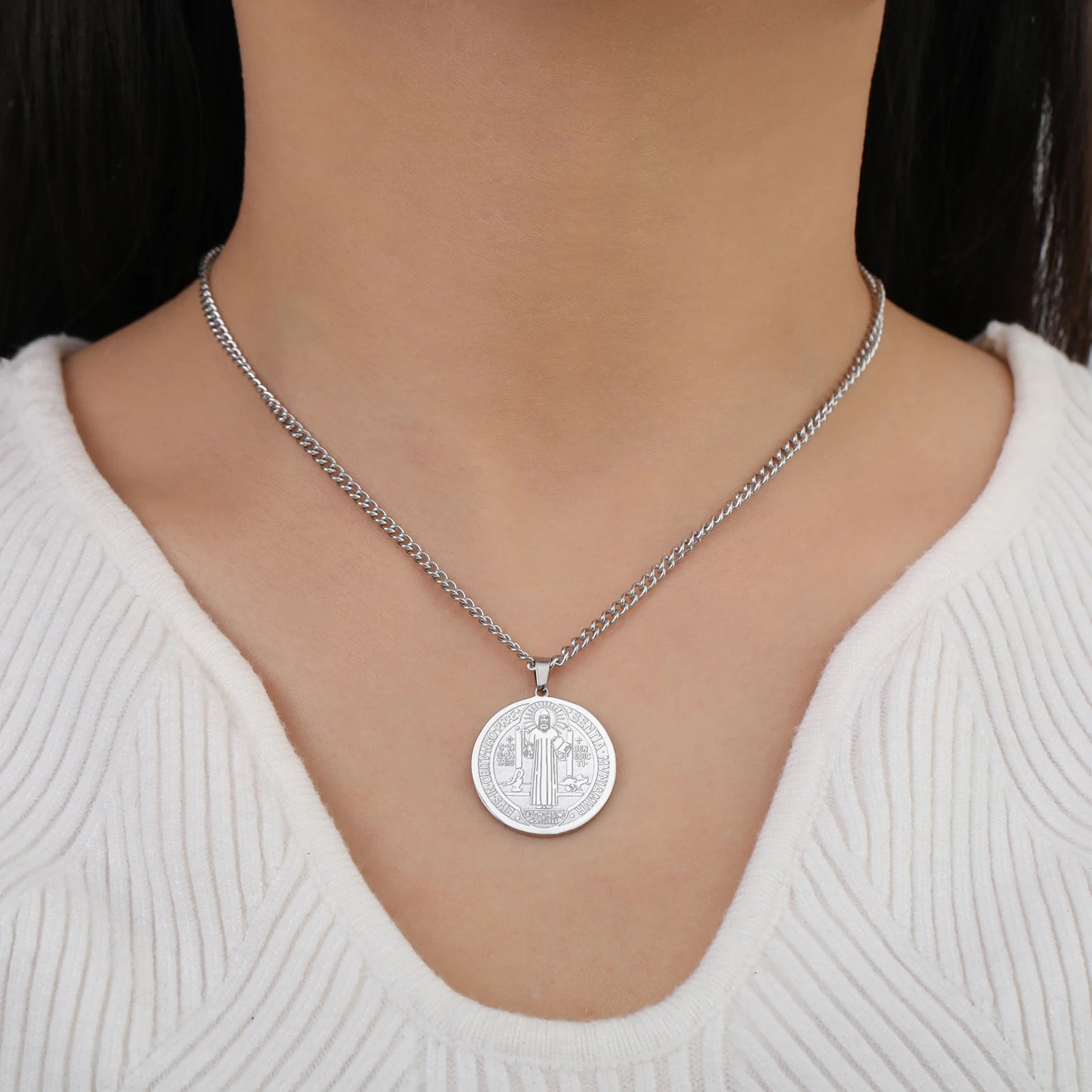 My Shape Saint Benedict Medal Pendant Necklace for Women Men Gold Plated Stainless Steel Round Double Sides Choker Jewelry Gifts