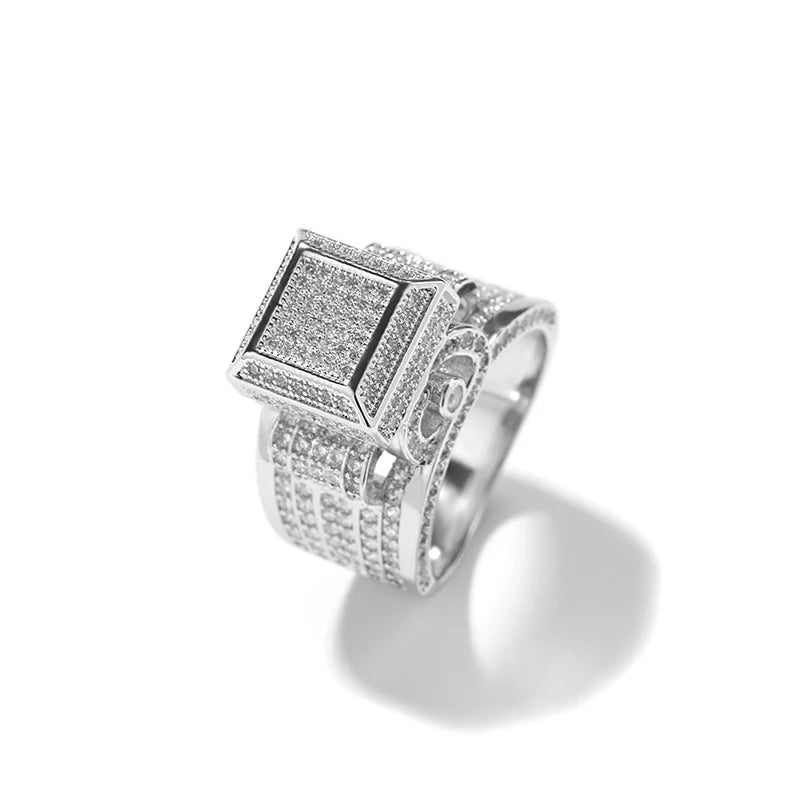 Hip Hop 5A+ CZ Stone Paved Bing Iced Out Square Rings for Men Women Unisex Rapper Jewelry Rose Gold Silver Color