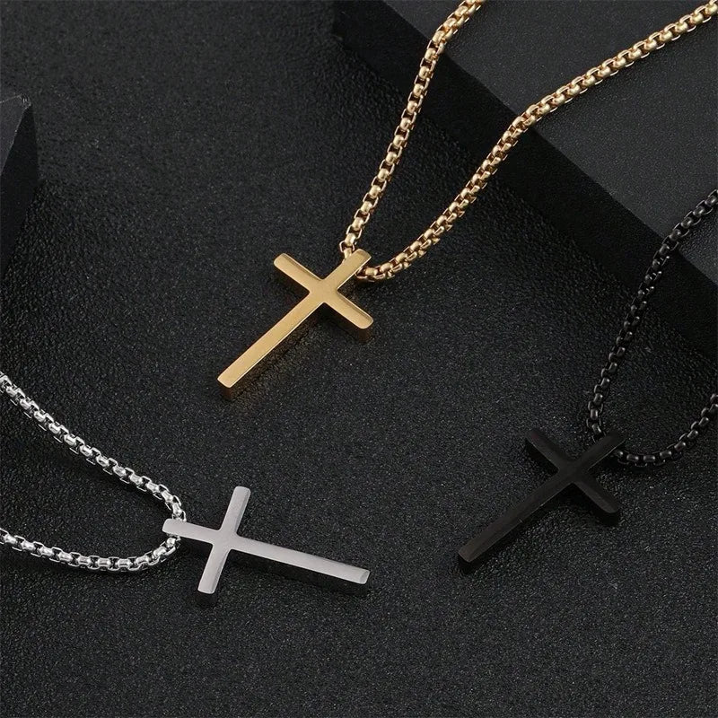 Stainless Steel Cross Necklace for Men Boys,Silver Color Plain Cross Pendant Collar,Hiphop Classic Punk Jewelry Gift