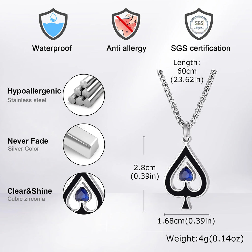 Ace of Spades Necklace for Men,Blue Stone Stainless Steel Spade A Pendant Necklace,Hip Hop Punk Rocker Jewelry Gift
