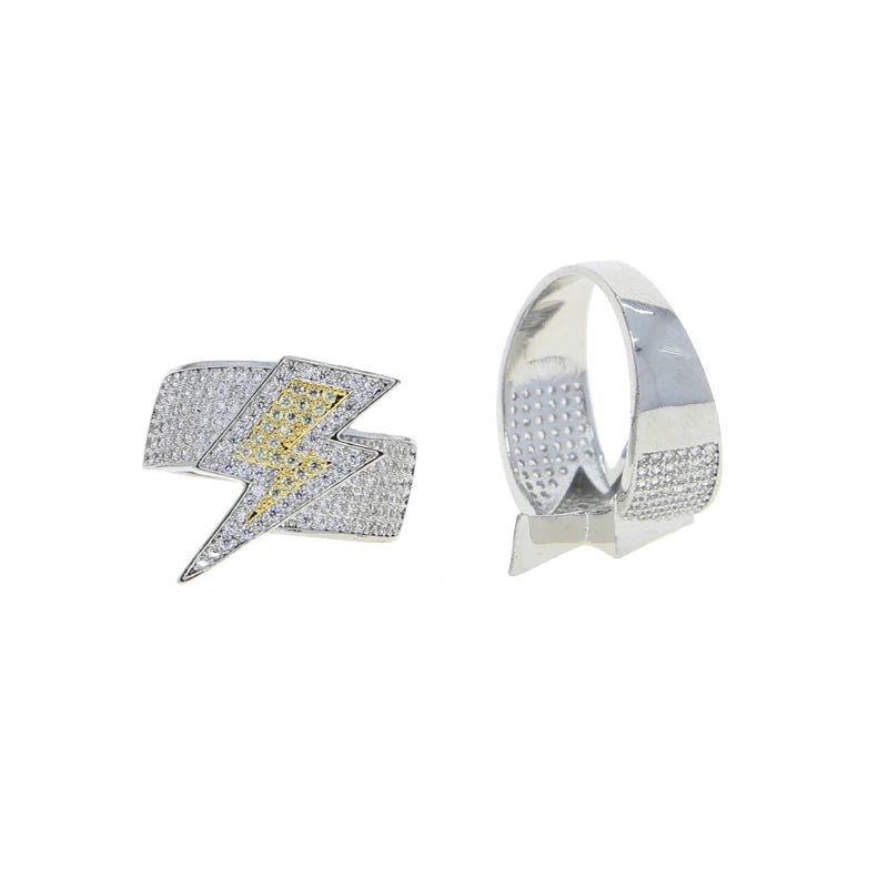 Iced Out Lightning Bolt Ring Cubic Zirconia — Two-Tone