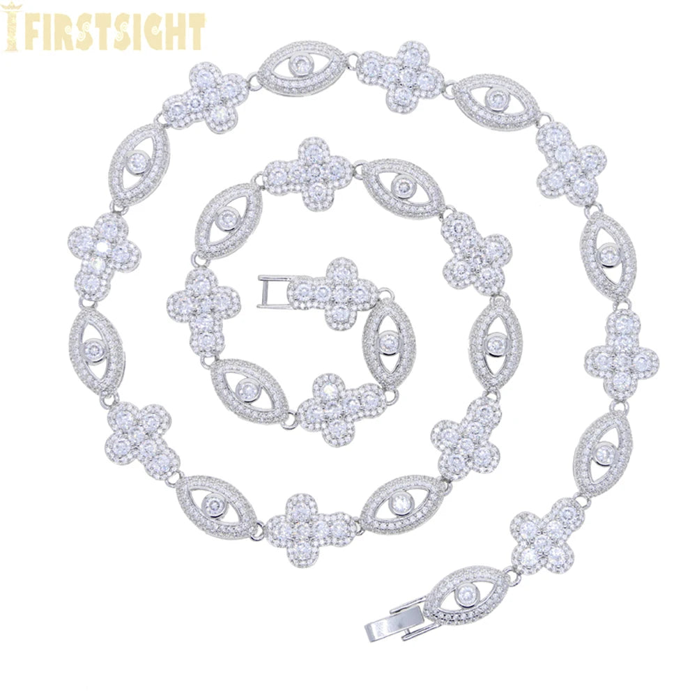 2025 New Eye Cross Necklace Iced Out Bling Silver Color Cubic Zirconia Charm Tennis Chain for Men Women Hip Hop Jewelry