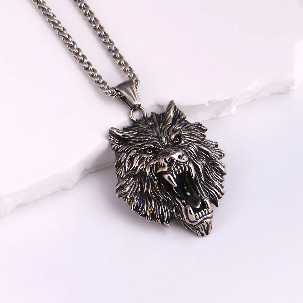 1PC INGCHAU Vintage Stainless Steel Myth of Europe Viking Wolf Head Necklace For Men Animal Amulet Necklace Men Jewelry