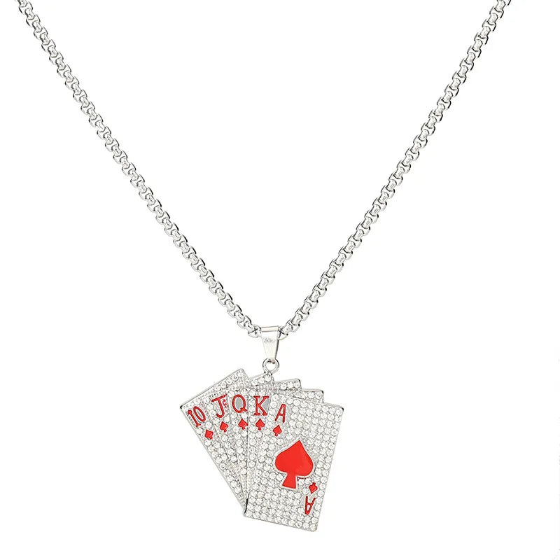 Punk Poker Card Pendant Necklace Full Crystal Playing Cards Red Black Hearts Spades ACE Charm Fashion Jewelry For Women Men