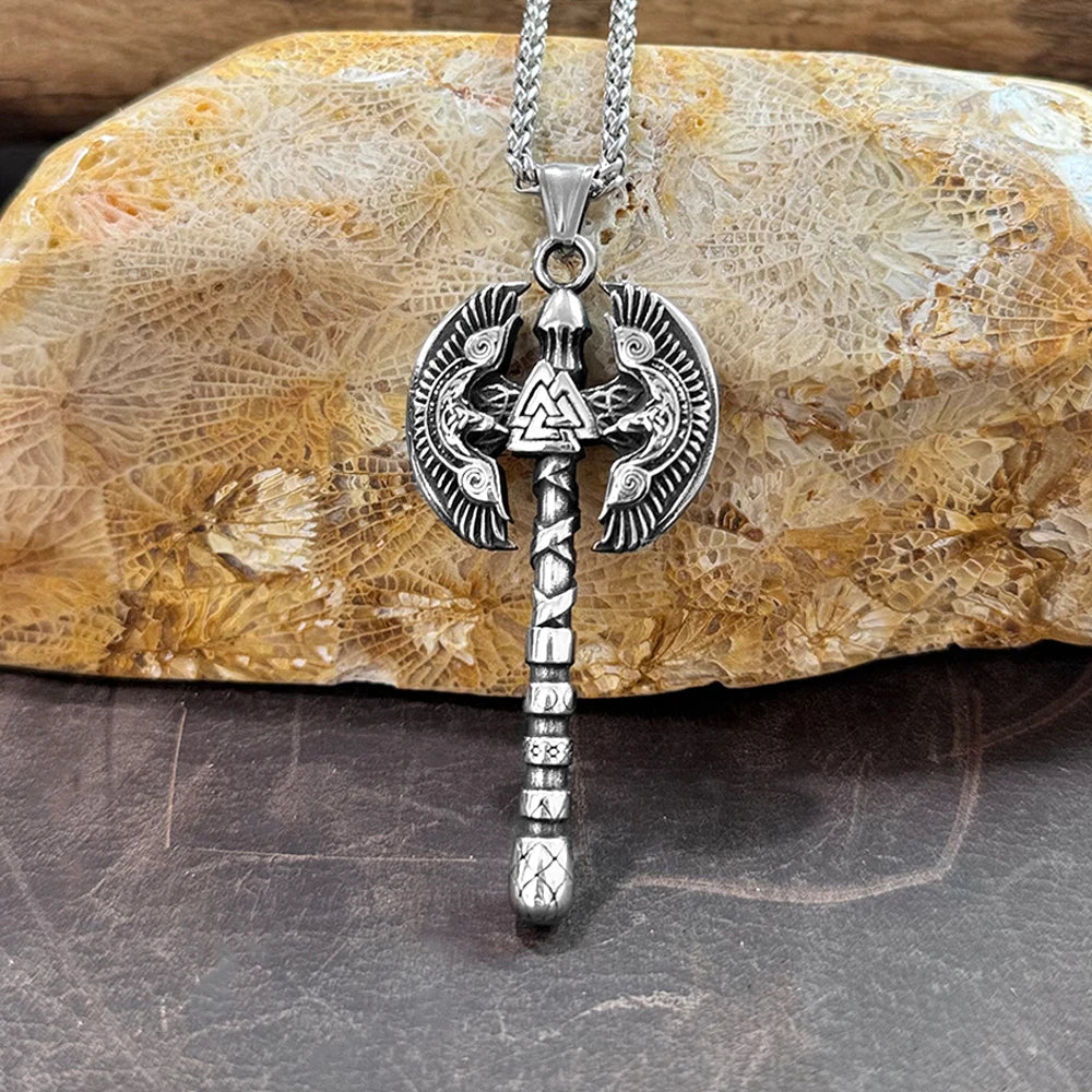 Norse Runes Odin's Raven Giant Axes Necklaces Men Stainless Steel Vikings Valknut Amulet Pendant Scandinavian Jewelry Male Gifts