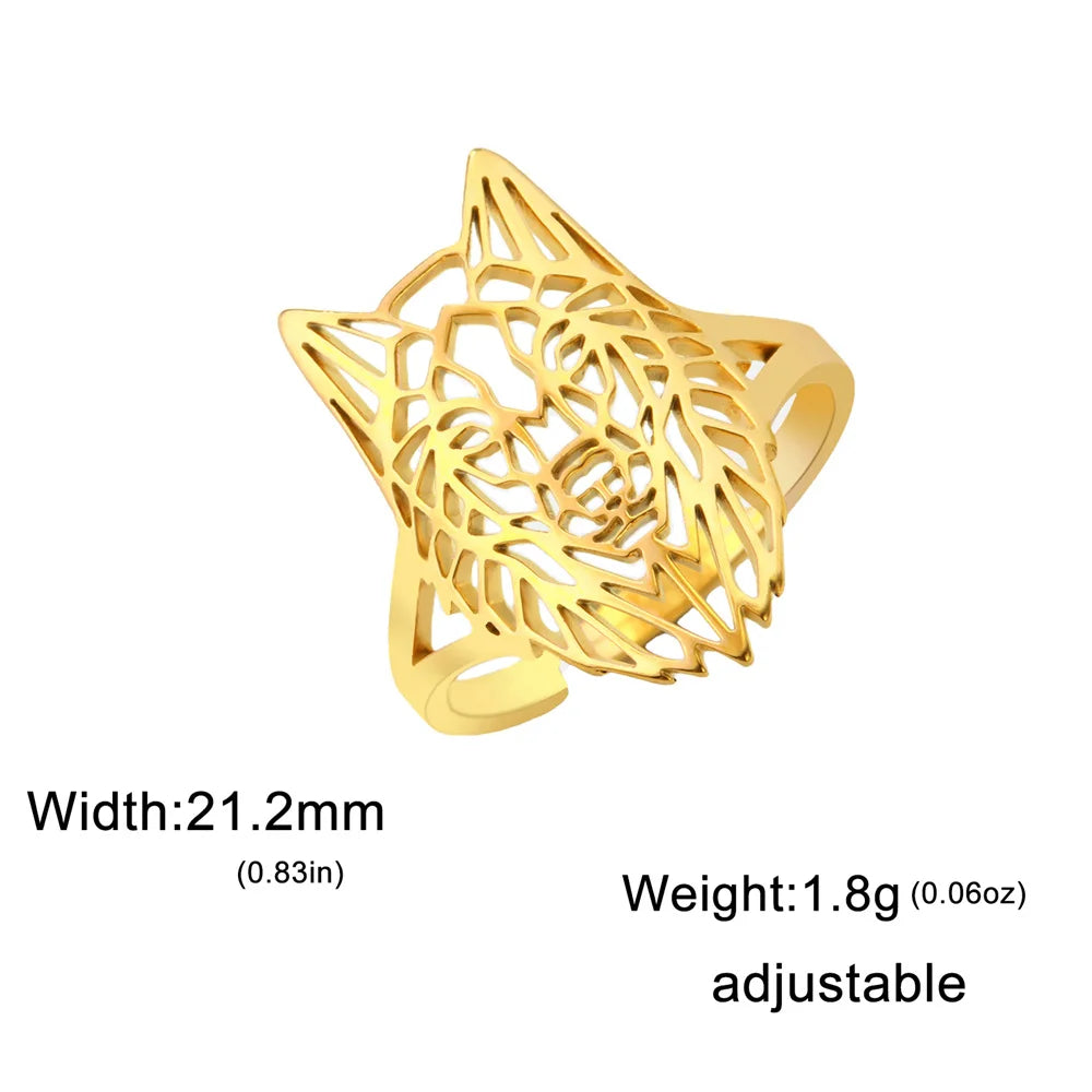 Hollow Geometric Animal Head Adjustable Ring — Stainless Steel
