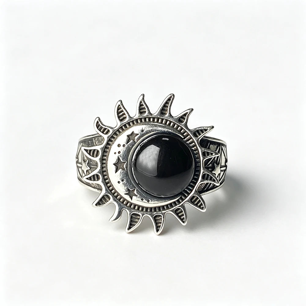 Sun Star Moon Cabochon Ring — Silver-Tone Bohemian