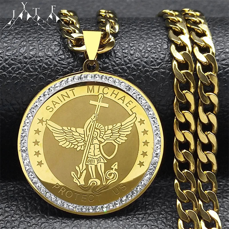 SAINT MICHAEL PROTECT US Archangel Men Crystal Necklace Stainless Steel Gold Color Catholic Religious Necklaces Jewelry