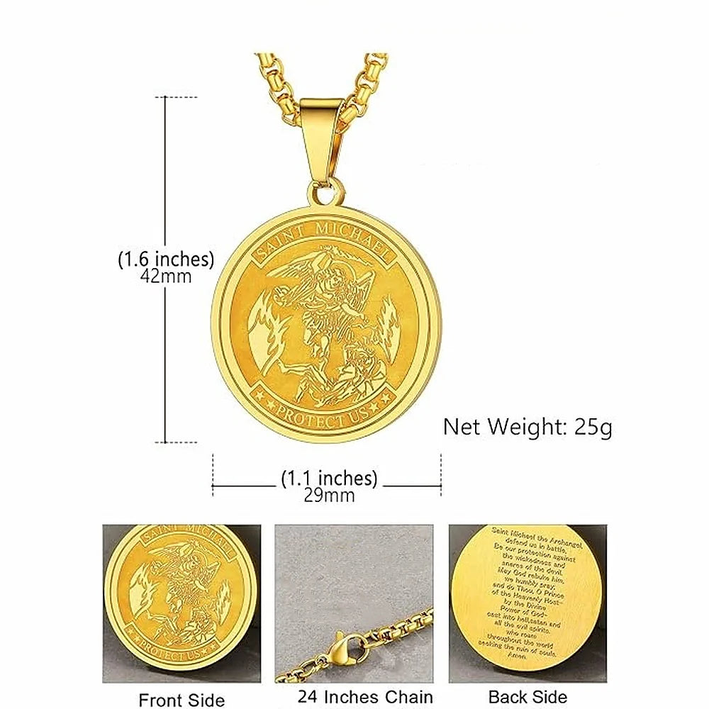 Round Archangel Michael Medal Pendant Necklace Black Color Stainless Steel Box Chain Necklace For Women Catholic