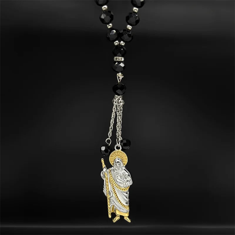 San Judas Tadeo Car Pendant Stainless Steel Gold Silver Color Saint Jude Thaddeus Glass Prayer Beads Chain Amulet Jewelry Gift