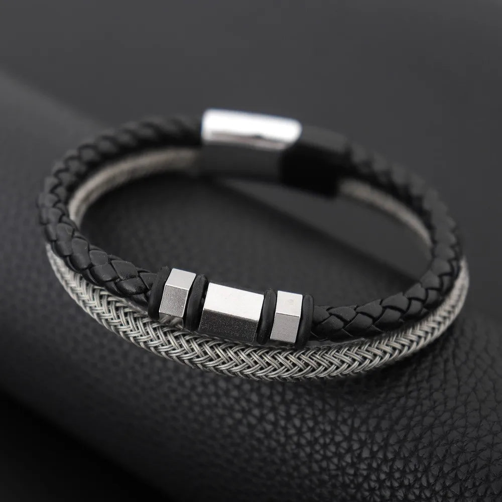 Simple Braided Wire Bracelet for Men — Black and White Color
