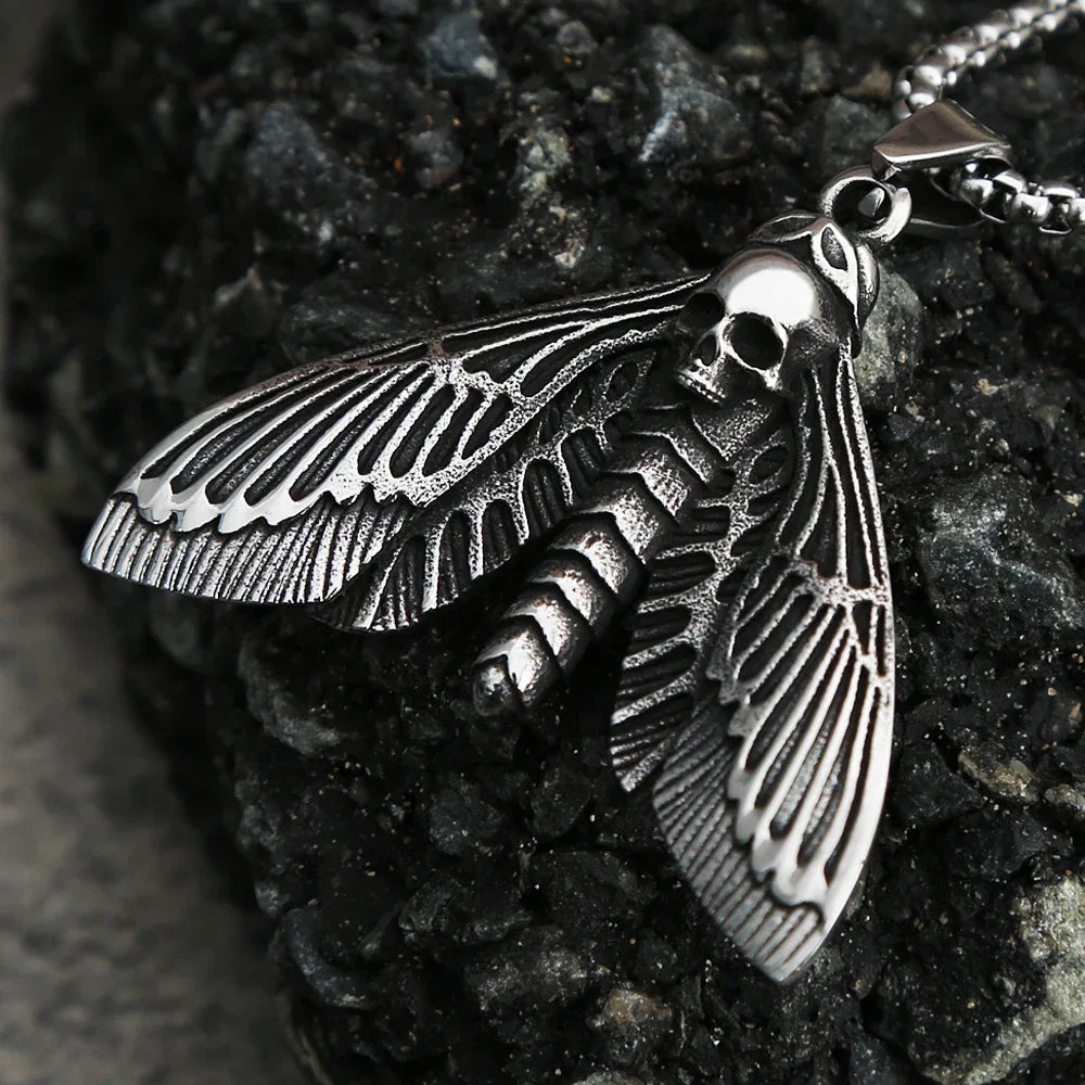Vintage Gothic Style Death Moth Necklace Unisex Punk Stainless Steel Butterfly Skull Pendant Animal Jewelry Gift