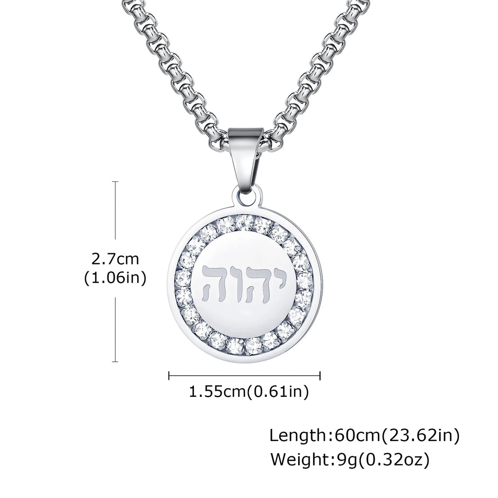 Hebrew Zircon Round Pendant — Stainless