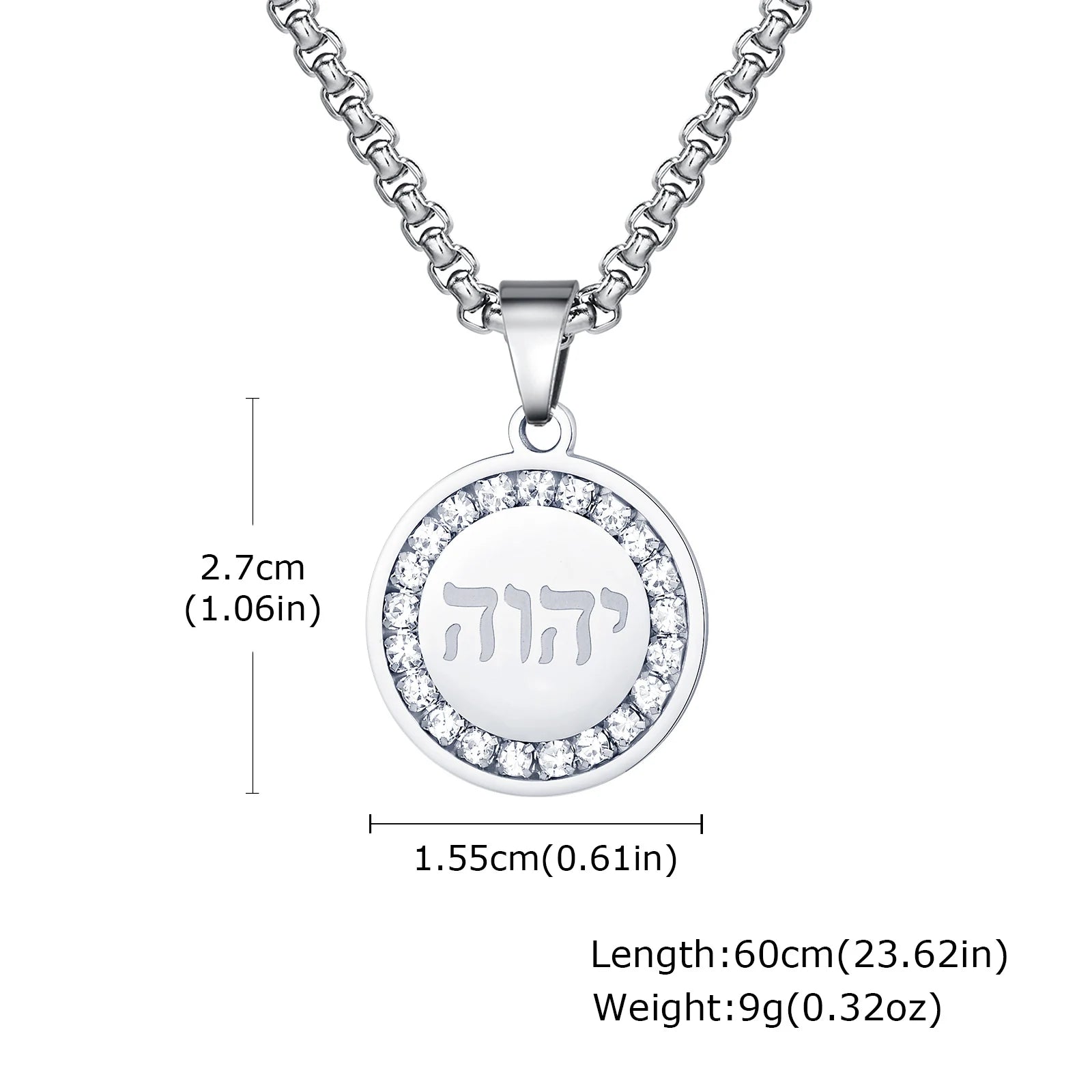 Hebrew Zircon Round Pendant — Stainless