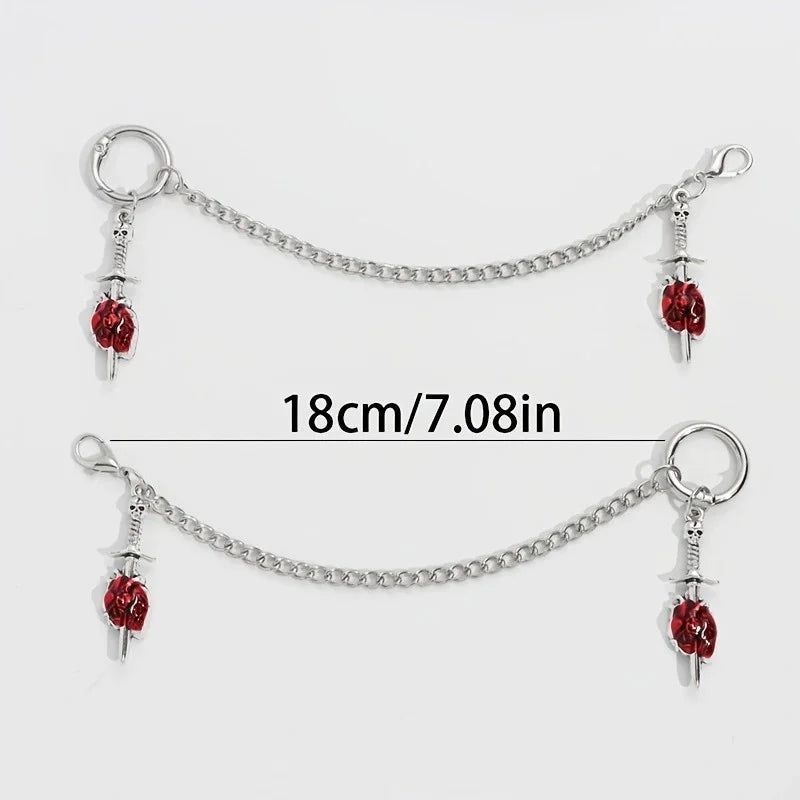 2Pcs Gothic Red Rose Sword Boots Chain Silver Metal Removable Shoe Chain Punk Boots Decorative Accessories Decoration