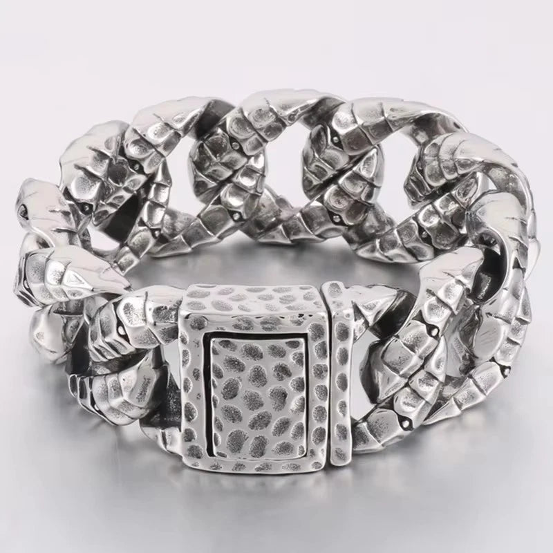 30mm Stainless Steel Dragon Heavy Curb Bracelet for Men Vintage Foundry Armor Tapping Pattern Cuban Male Bangle Jewelry