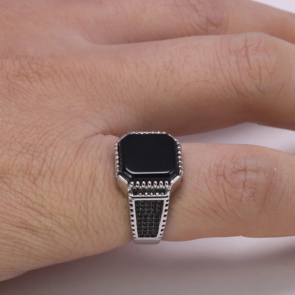 Genuine Solid 925 Sterling Silver Turkish Rings For Men Black Band With Stone Square Natural Onyx Vintage Male Jewelry