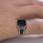 Genuine Solid 925 Sterling Silver Turkish Rings For Men Black Band With Stone Square Natural Onyx Vintage Male Jewelry