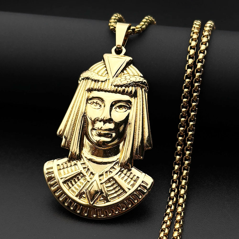 Egyptian Pharaoh Head Pendant Necklace — Gold-Tone Steel