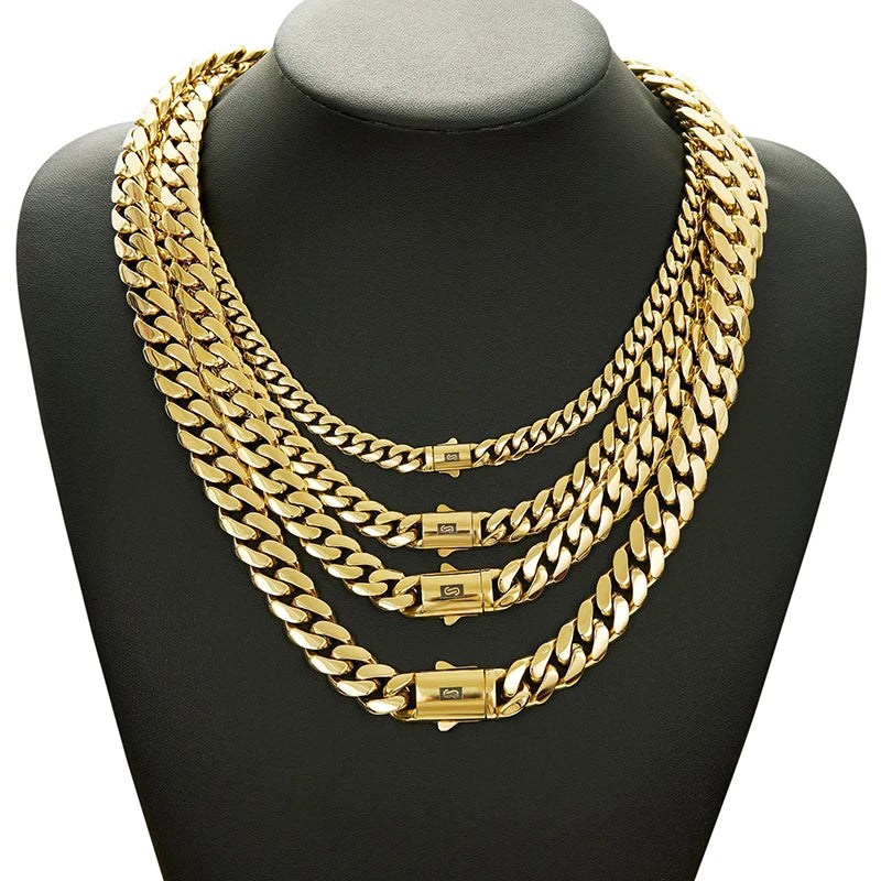 8mm-14mm Hip Hop Bling Gold Color Stainless Steel Cuban Miami Chains Necklaces Link Chain for Men Rapper Jewelry