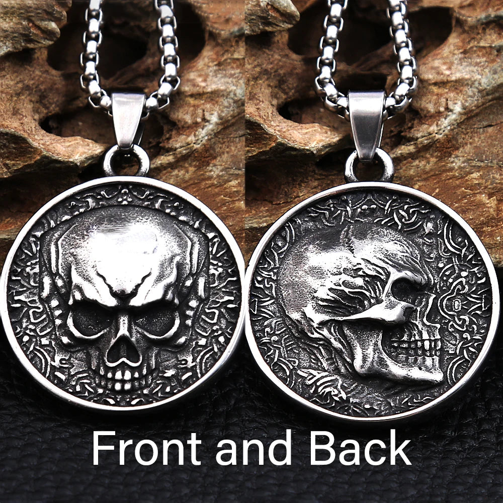 Double-Sided Skull Coin Pendant Necklace — Stainless