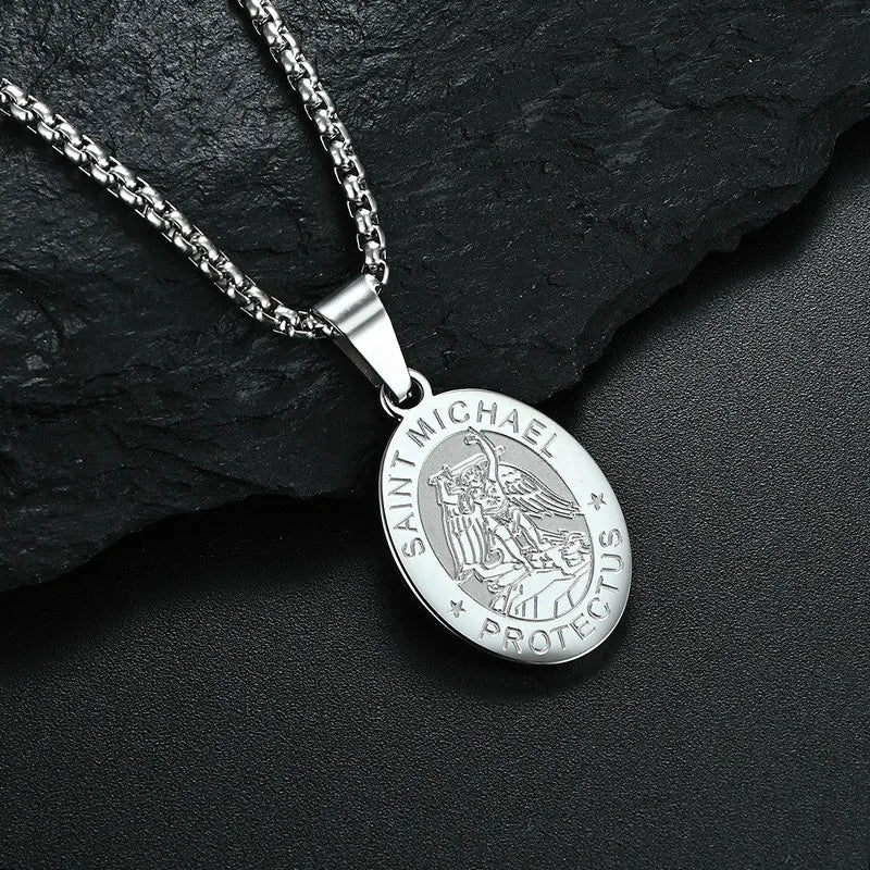 Medal San Miguel Arcanjo Archangel Necklaces Stainless Steel Chain Necklace Saint Michael Pendant Necklace Lucky