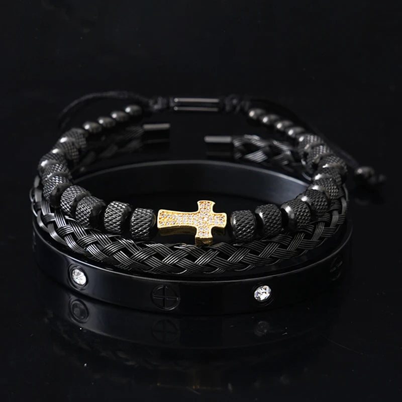 Luxury Stainless Steel Beads Cross Charms Man Bracelet CZ Bangles Women Jewelry Set Gift